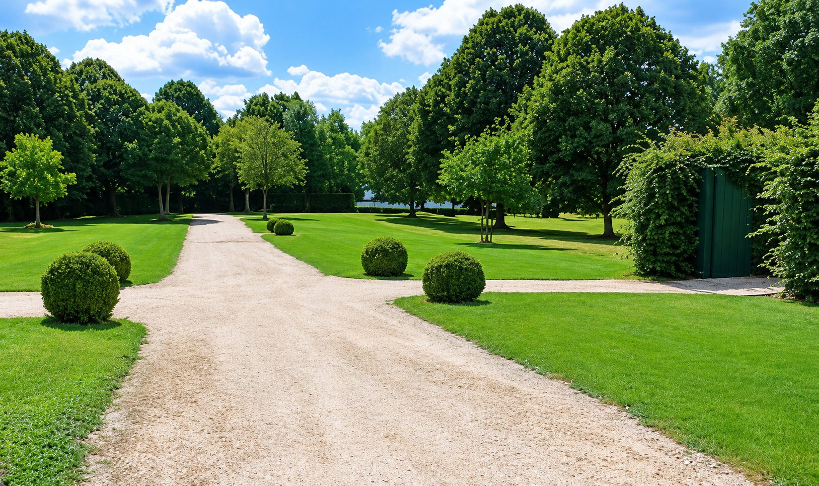 Une large allée de gravier clair traverse des pelouses bien tondues parsemées de buis taillés en boule, sous de grands arbres.