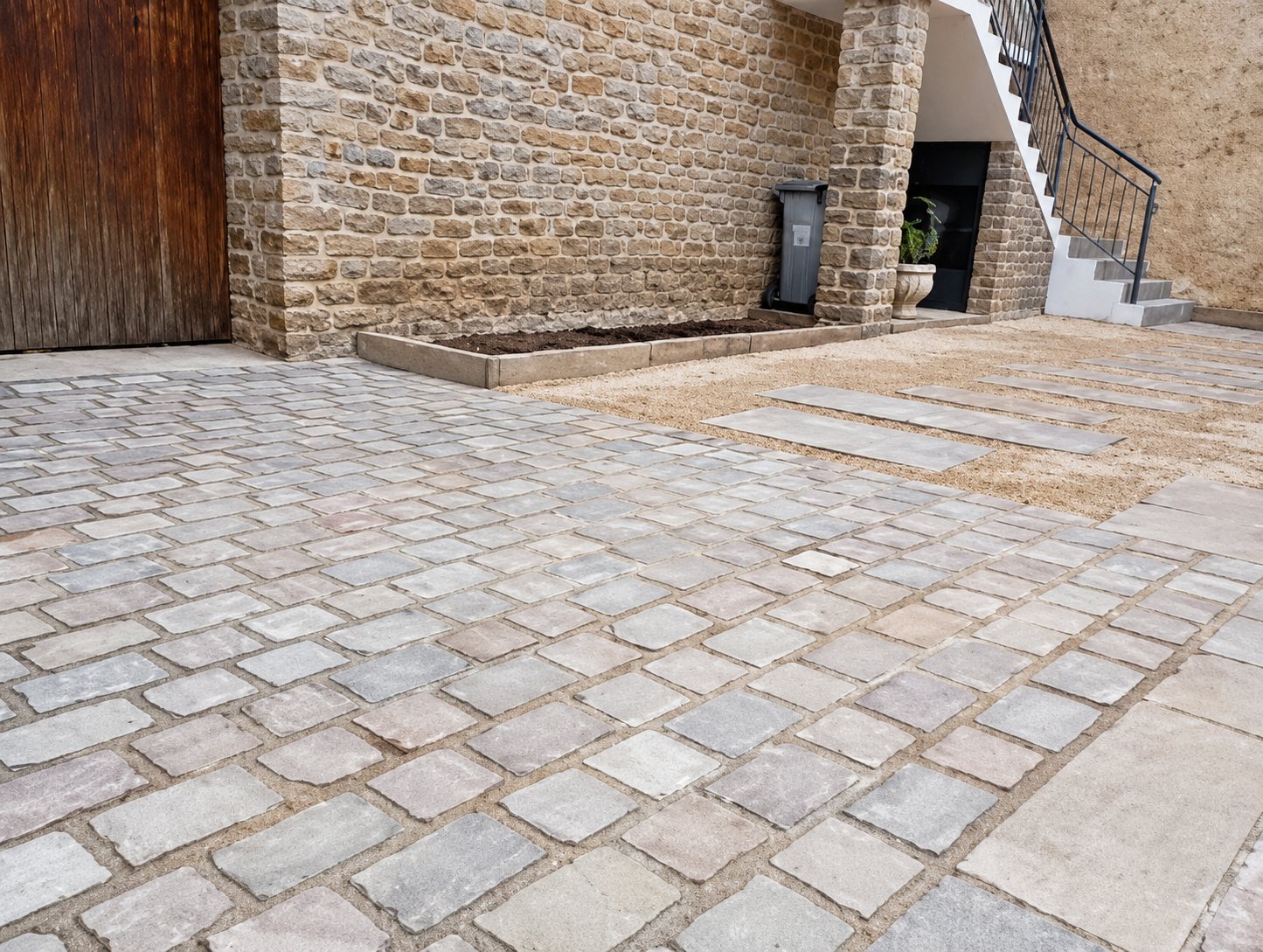 Une cour récemment pavée de pavés de pierre grise, bordée d'un mur en pierres apparentes et d'un escalier avec rampe métallique.