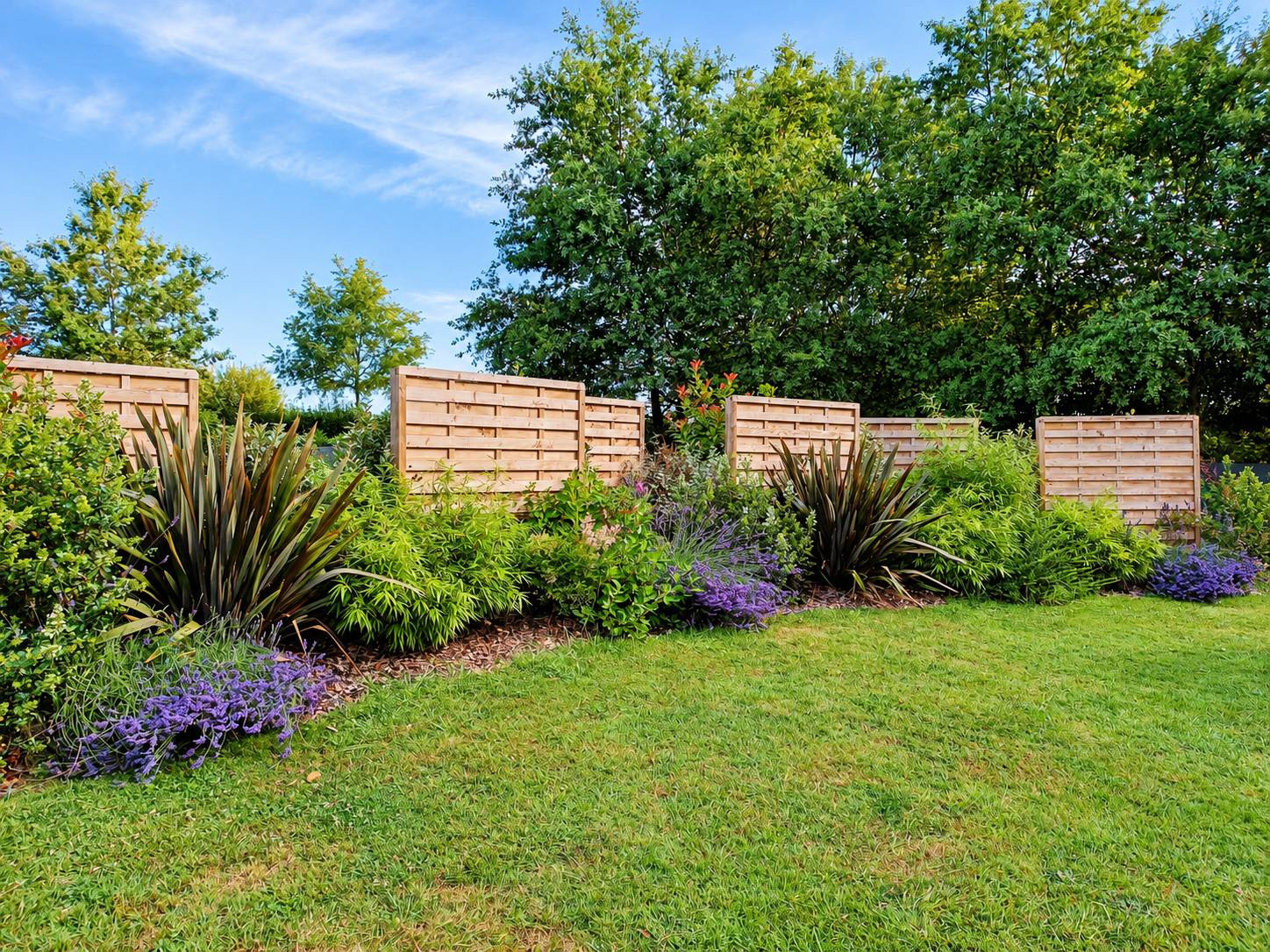 Un jardin soigné avec pelouse, massifs de lavande et de phormiums, et des panneaux de clôture en bois clair devant de grands arbres.