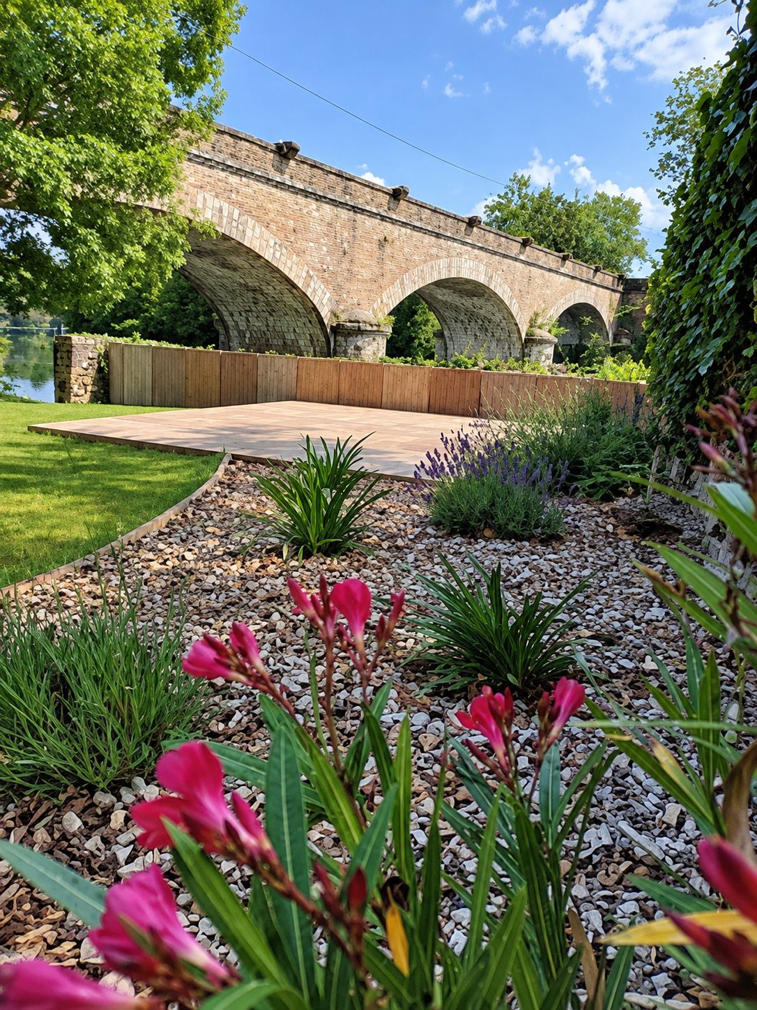 Un jardin aménagé avec des graminées, un paillage de graviers et des fleurs roses au premier plan, une terrasse claire et un grand pont en pierre en arrière-plan.