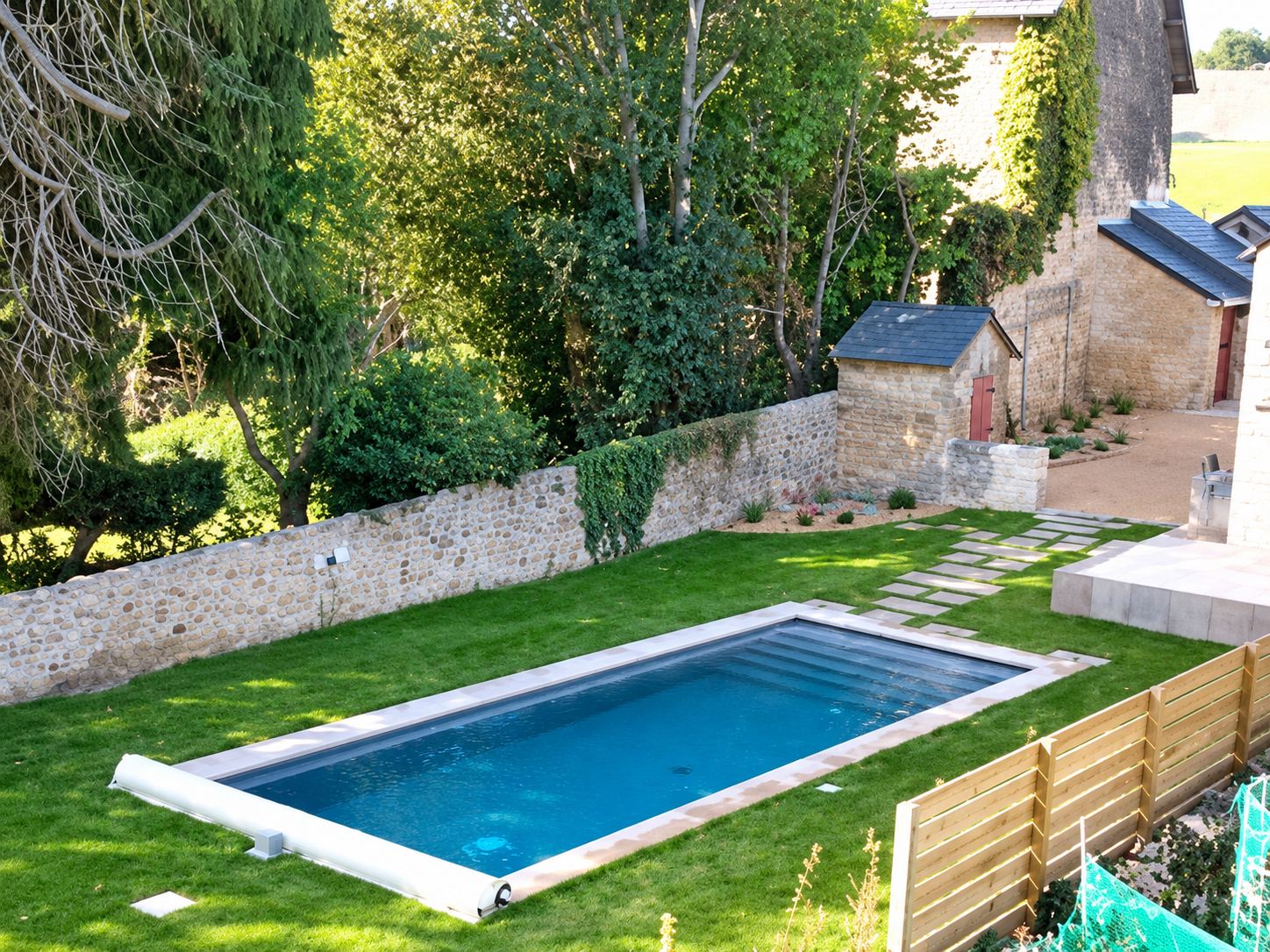 Une piscine rectangulaire à l'eau bleue est installée dans un jardin engazonné bordé d'un vieux mur en pierre, avec des bâtiments et des arbres en arrière-plan.
