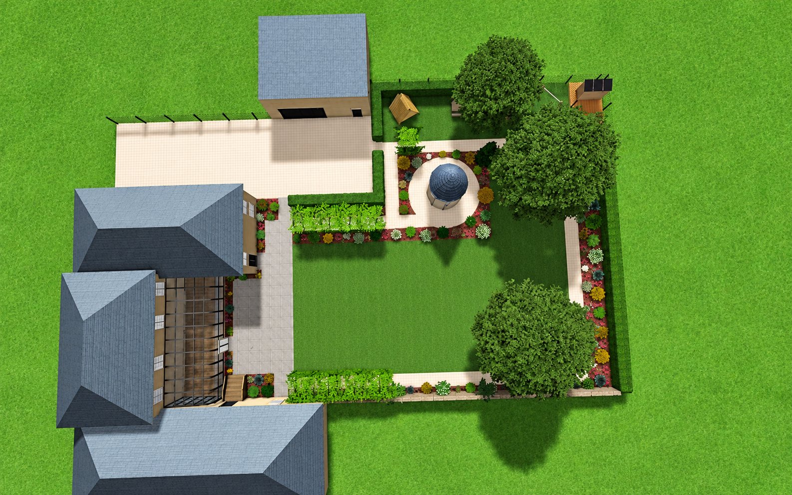 Vue de dessus en 3D d'un projet de jardin avec maison aux toits gris, terrasse, pelouse, massifs fleuris, grands arbres et petit pavillon circulaire.