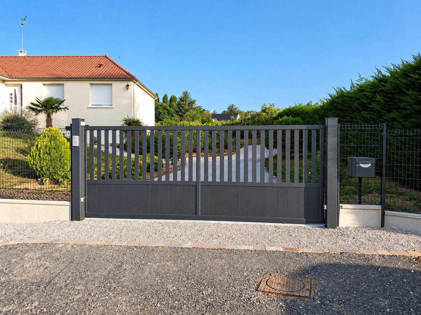 Un portail aluminium gris anthracite à lames verticales, posé entre deux piliers devant une maison blanche à toit de tuiles, avec une clôture grillagée et une boîte aux lettres.