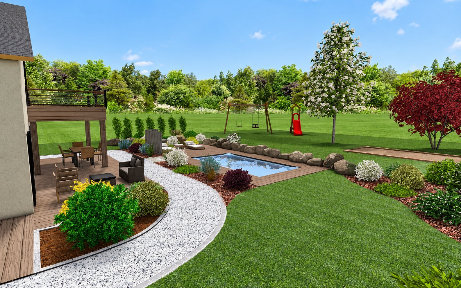 Image de synthèse d'un jardin aménagé avec une terrasse en bois, une allée de galets blancs, une petite piscine entourée de rochers, des massifs, une balançoire et un toboggan.