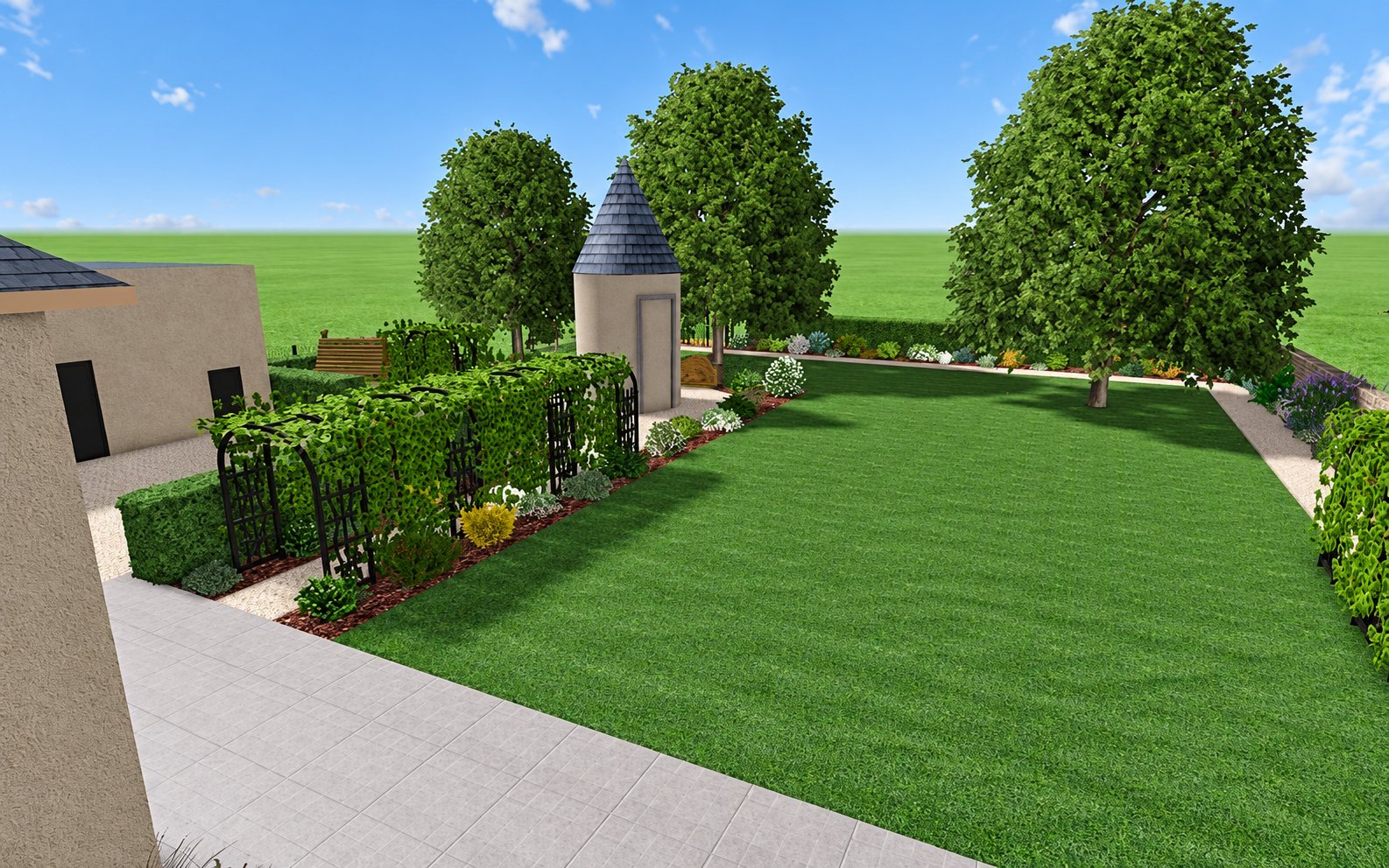 Rendu 3D d'un jardin clos avec une grande pelouse, des haies taillées, des treillages, des massifs fleuris, de grands arbres et une petite tour à toit d'ardoise.