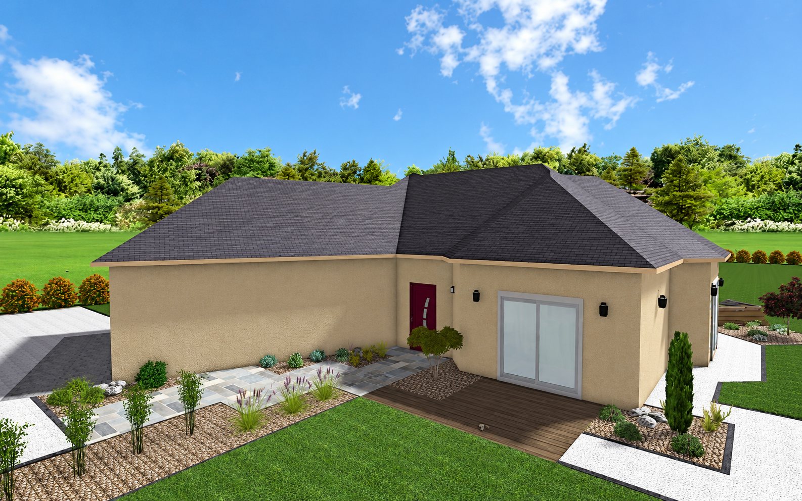 Visualisation en 3D d'une maison de plain-pied à façade beige et toit sombre, entourée d'une pelouse, de massifs de graviers, d'une terrasse en bois et de dalles.