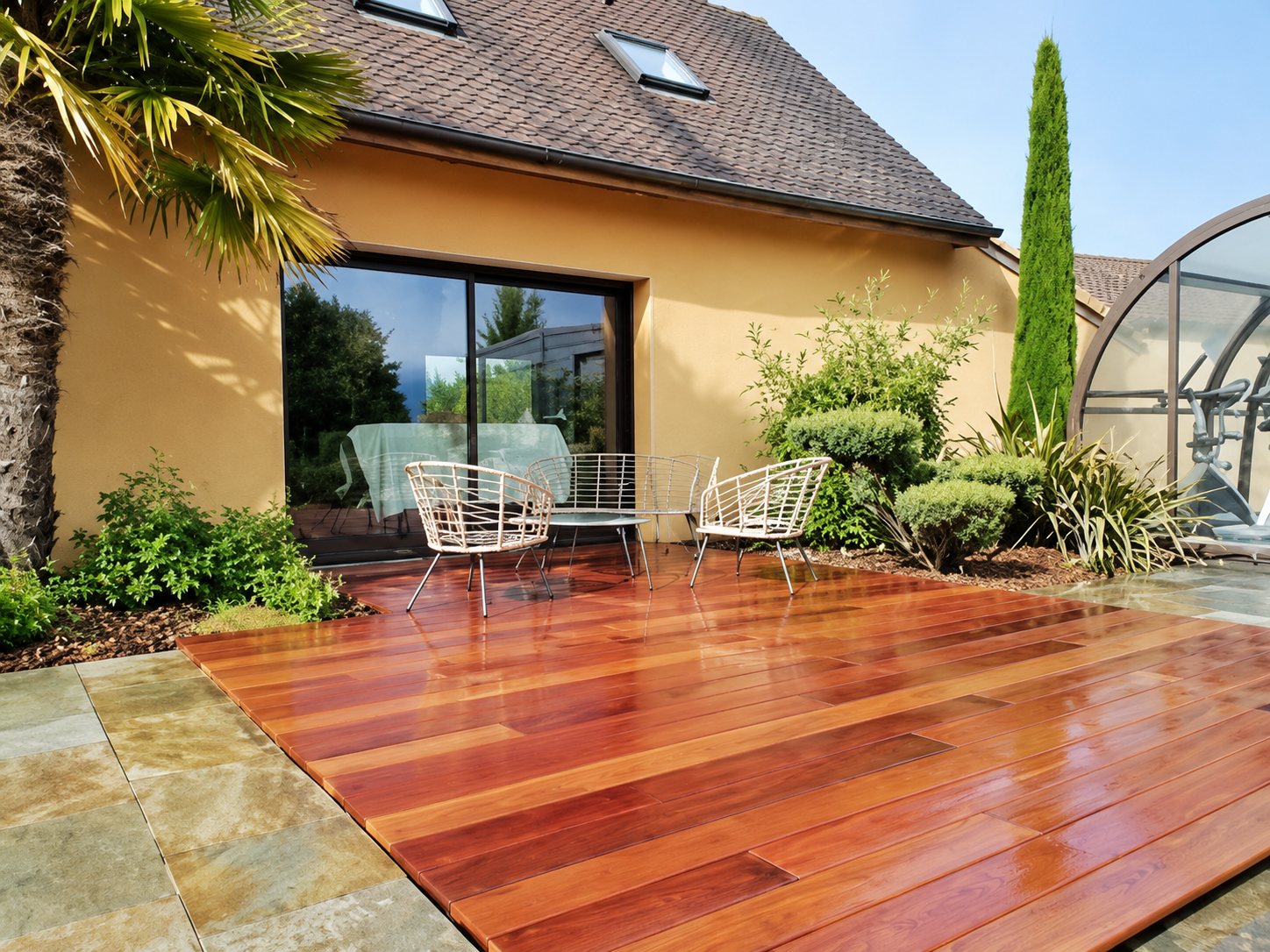 Une terrasse en lames de bois exotique rougeoyant devant une maison ocre avec baie vitrée, chaises métalliques, cyprès et palmier.