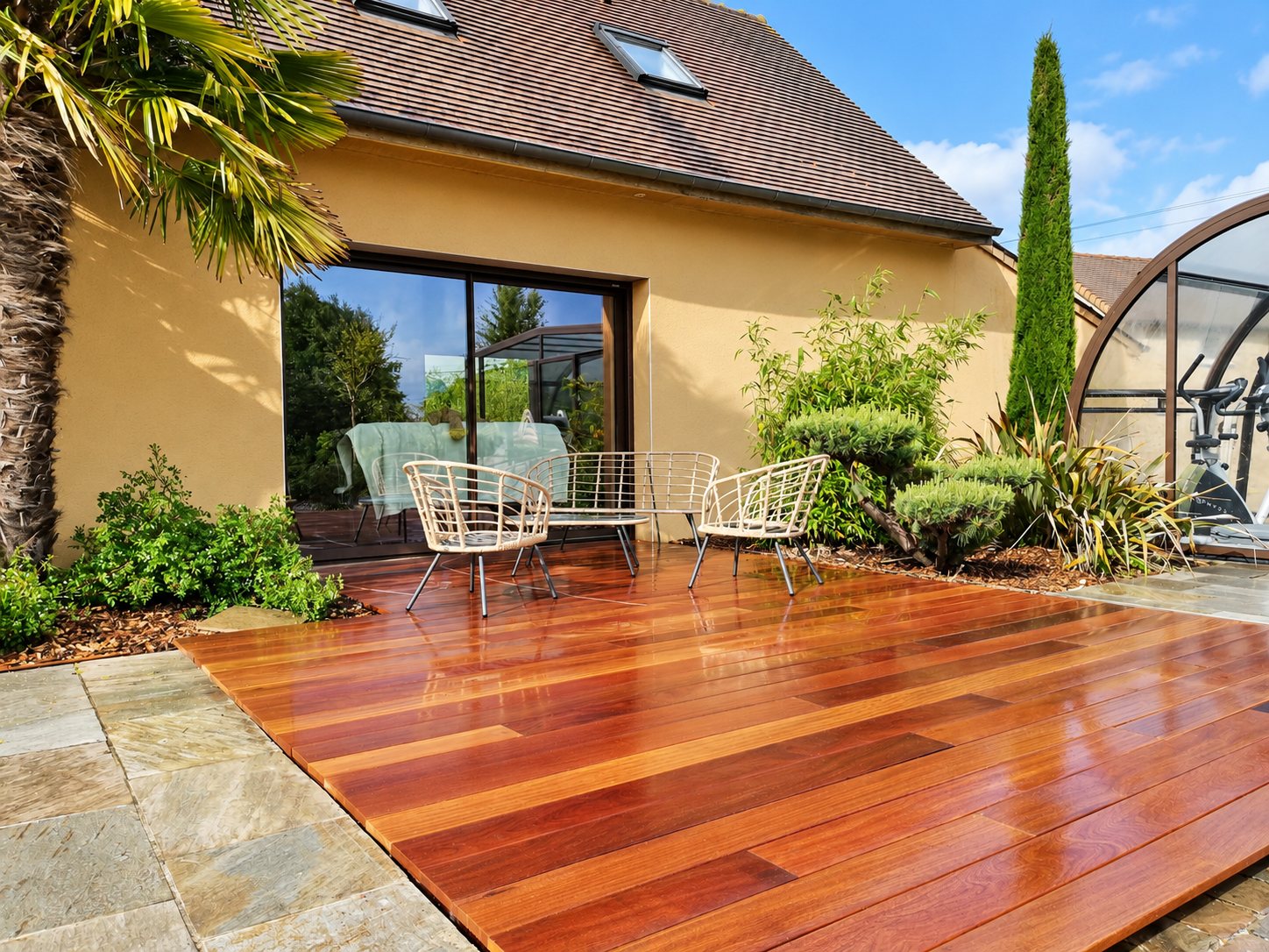 Une terrasse en lames de bois exotique brillantes accueille trois fauteuils clairs devant une maison ocre, entourée de massifs, d'un cyprès et d'un abri de piscine.