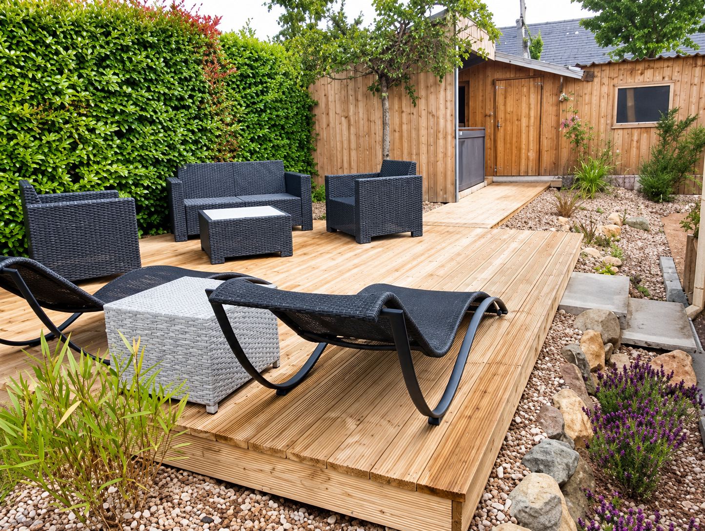 Une terrasse en bois récemment aménagée dans un jardin, avec un salon de jardin en résine noire, deux bains de soleil, une haie et un abri en bois en arrière-plan.
